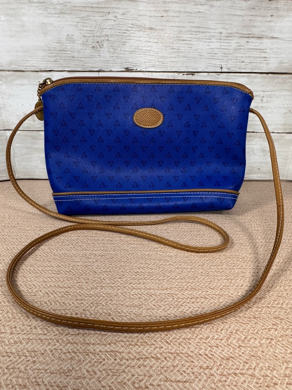 Vintage 1985 Liz Claiborne Triangle Logo Crossbody Bag Blue Brown Leather Trim